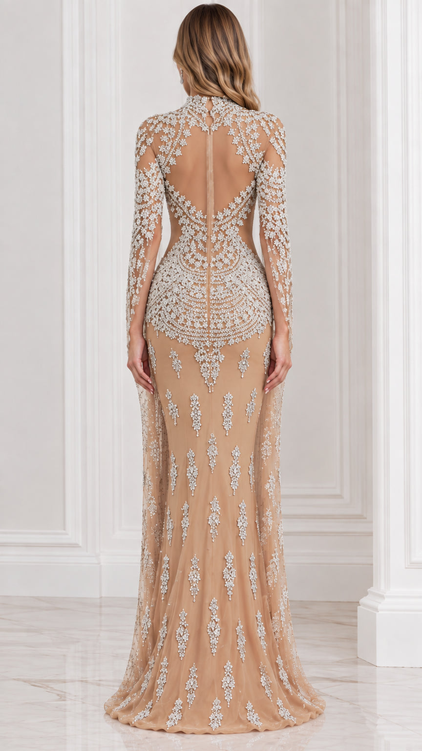 Back view of champagne illusion cutout beaded evening dress