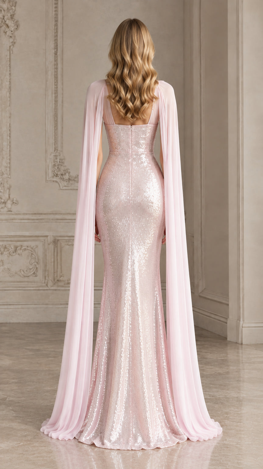 Back view of blush pink sequin floor-length formal gown showing cape drape