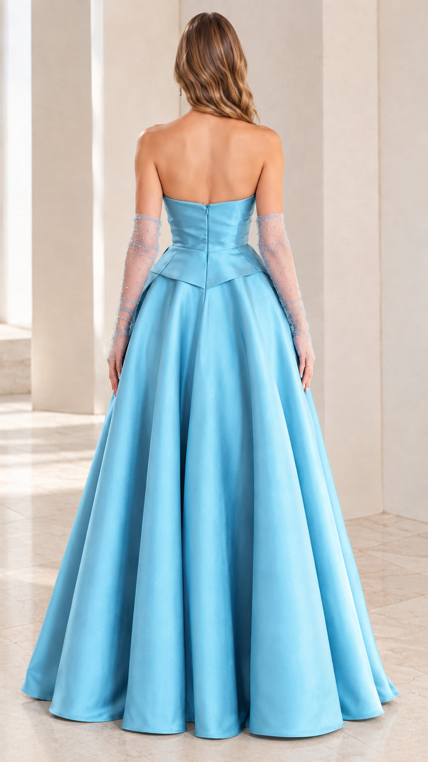Sky blue strapless A-line gown back view showing zipper closure
