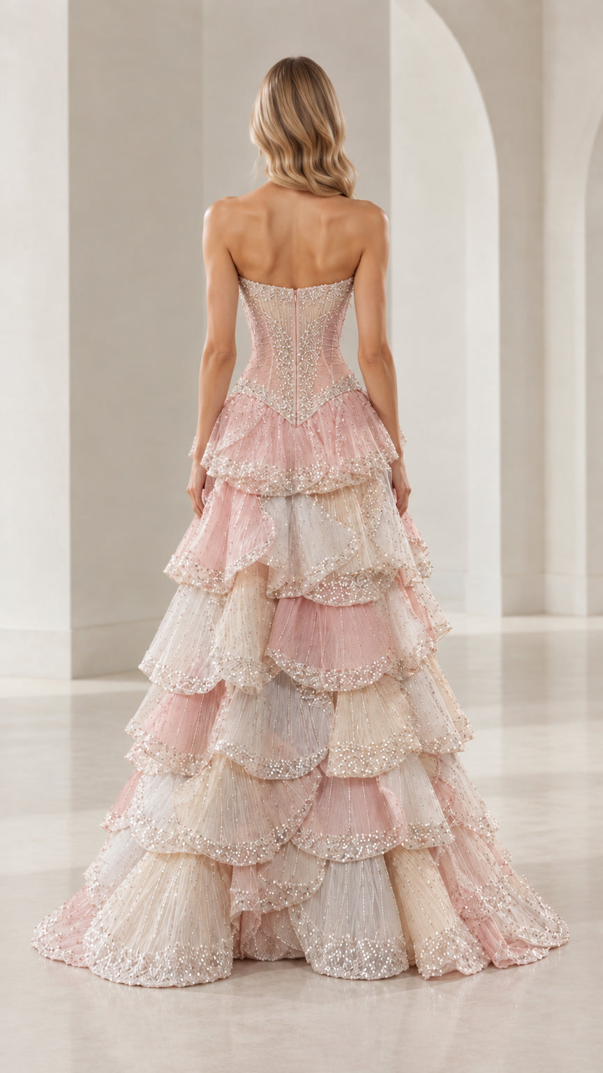 Back view of model wearing Blush Pink Multi strapless evening gown with cascading ruffles