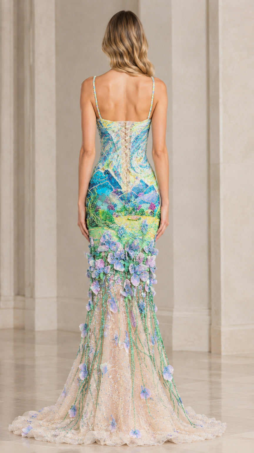 Aqua Blue embroidered mermaid gown showing back detail and train