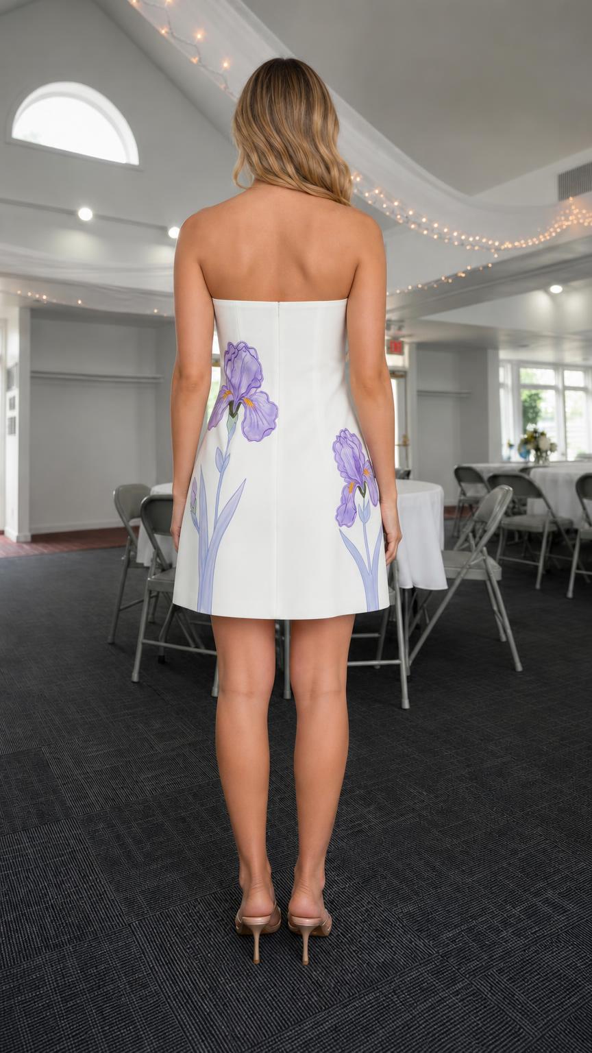 Back view of White floral strapless mini dress