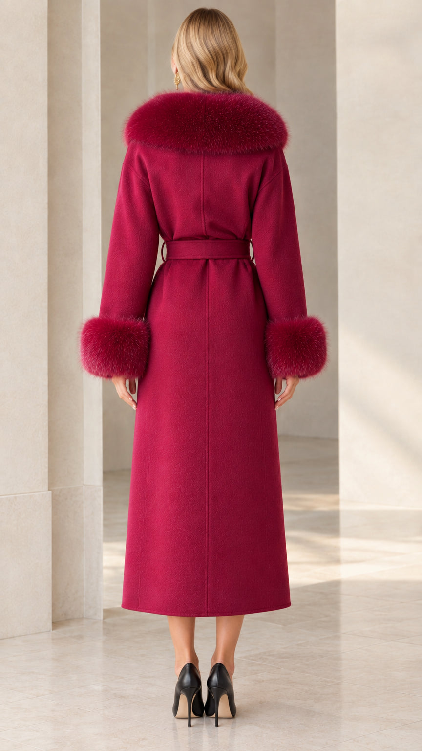 Back view of model wearing wine red maxi wrap coat with plush neckline and cuffs