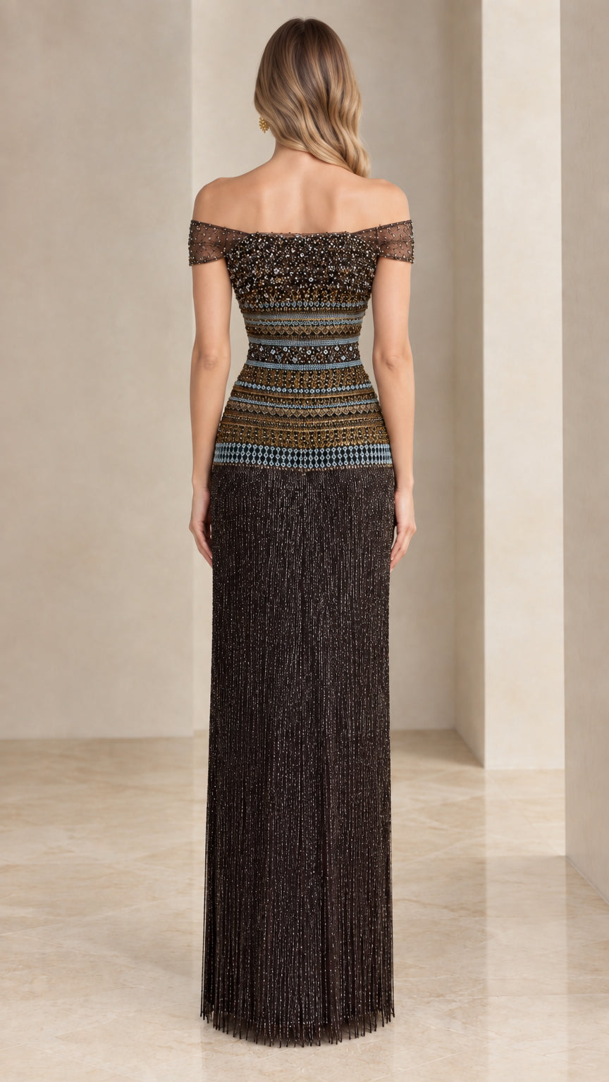 Back view of dark bronze off-the-shoulder beaded formal maxi dress