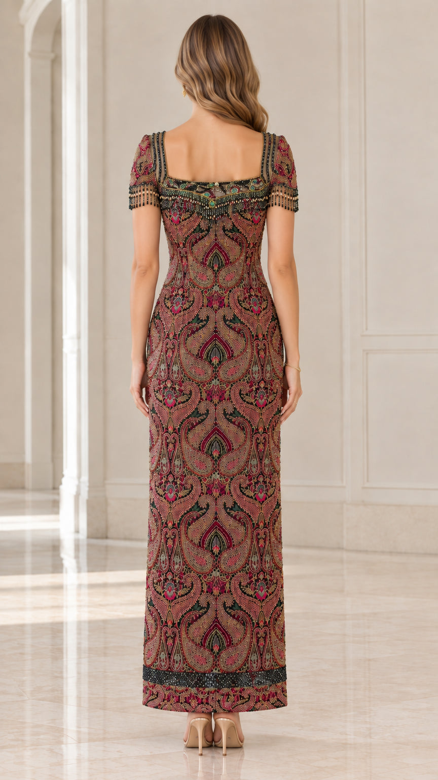 Back view of square neck burgundy beaded formal evening gown