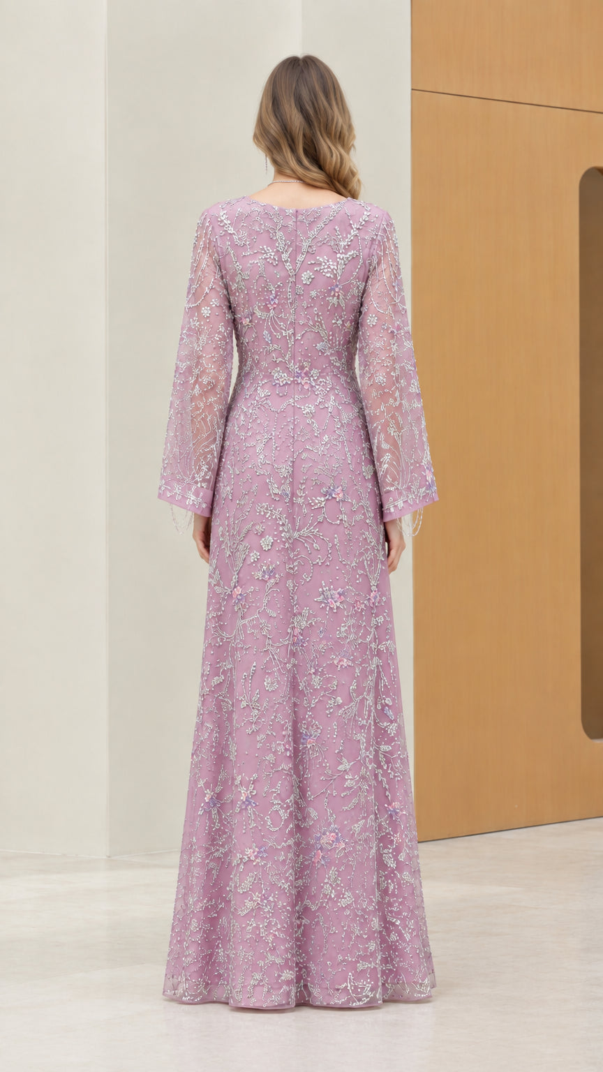 Back view of model in Lilac embroidered sequin maxi dress showcasing seamless A-line fit