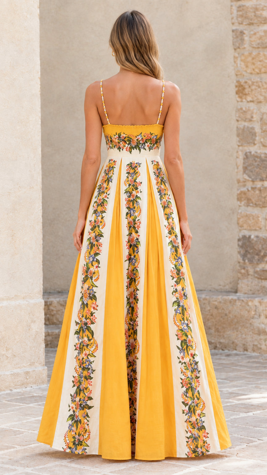 Back view of yellow floral pleated maxi dress showing strap details and flowing skirt
