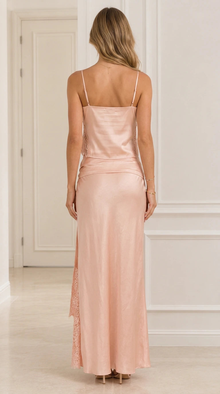 Model wearing Blush Pink satin maxi skirt set back view