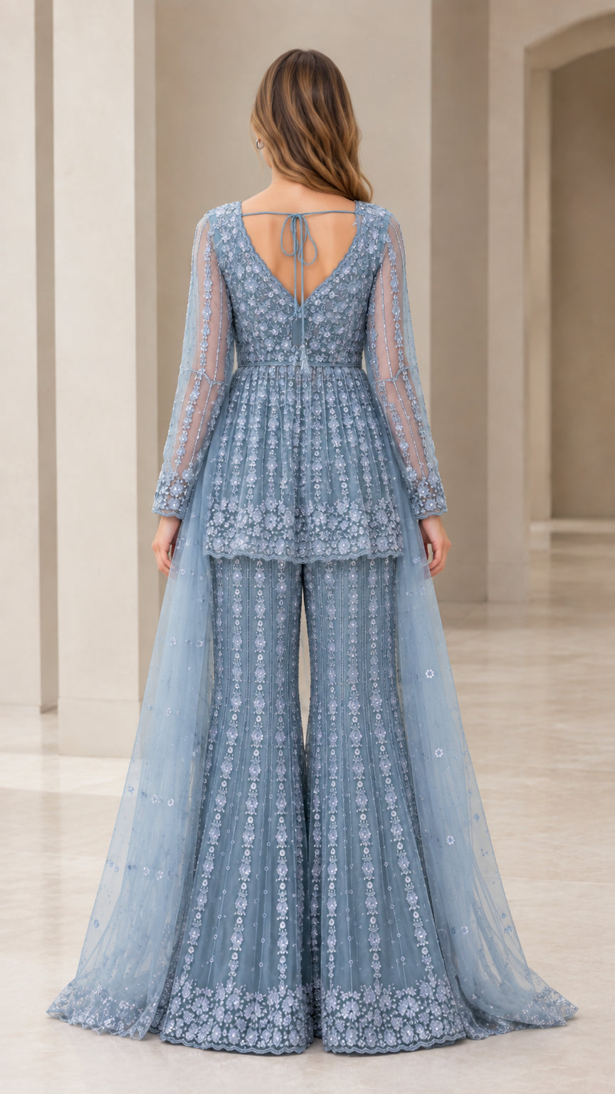 Dusty Blue evening trouser suit back view showing tie detail and cape
