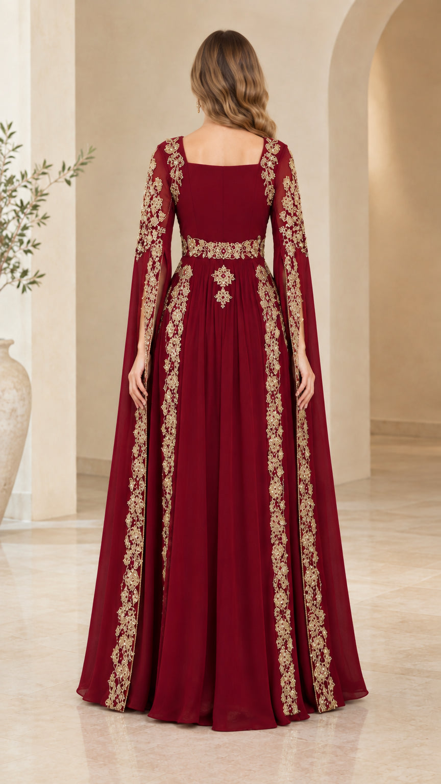Back view of model showcasing flowing cape sleeves on burgundy maxi gown