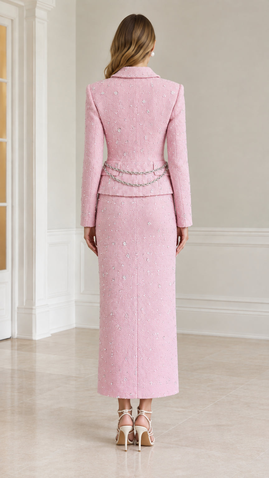 Back view of pink tailored tweed jacket and maxi skirt set