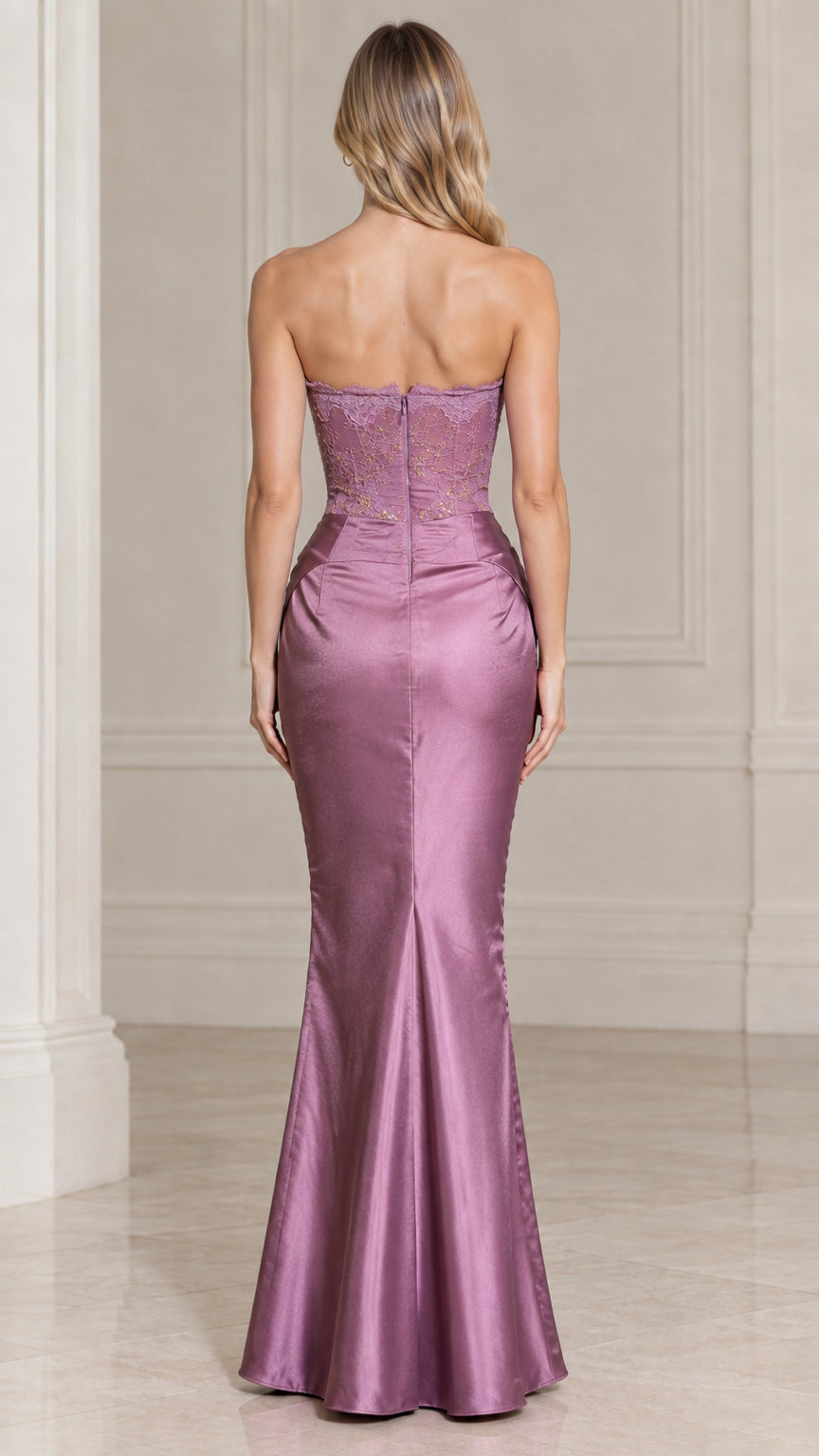 Mauve satin corset back formal gown rear view