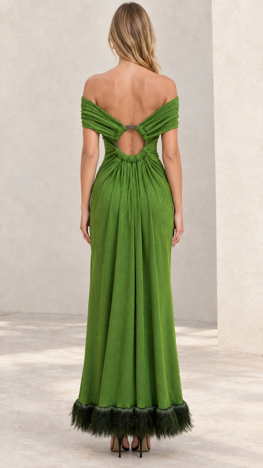 Olive green off-the-shoulder maxi dress showing open cutout back detail