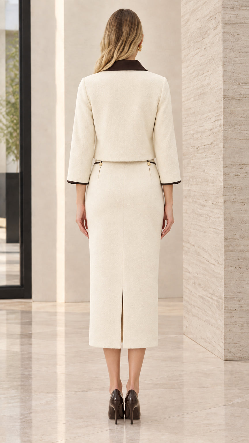 Back view of cream skirt suit showing fitted silhouette and back hem walking slit