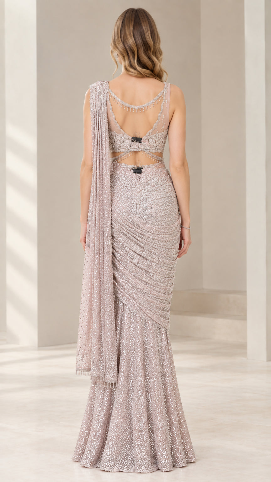Back view of Dusty Mauve pre-draped saree gown highlighting back cutouts and beaded straps