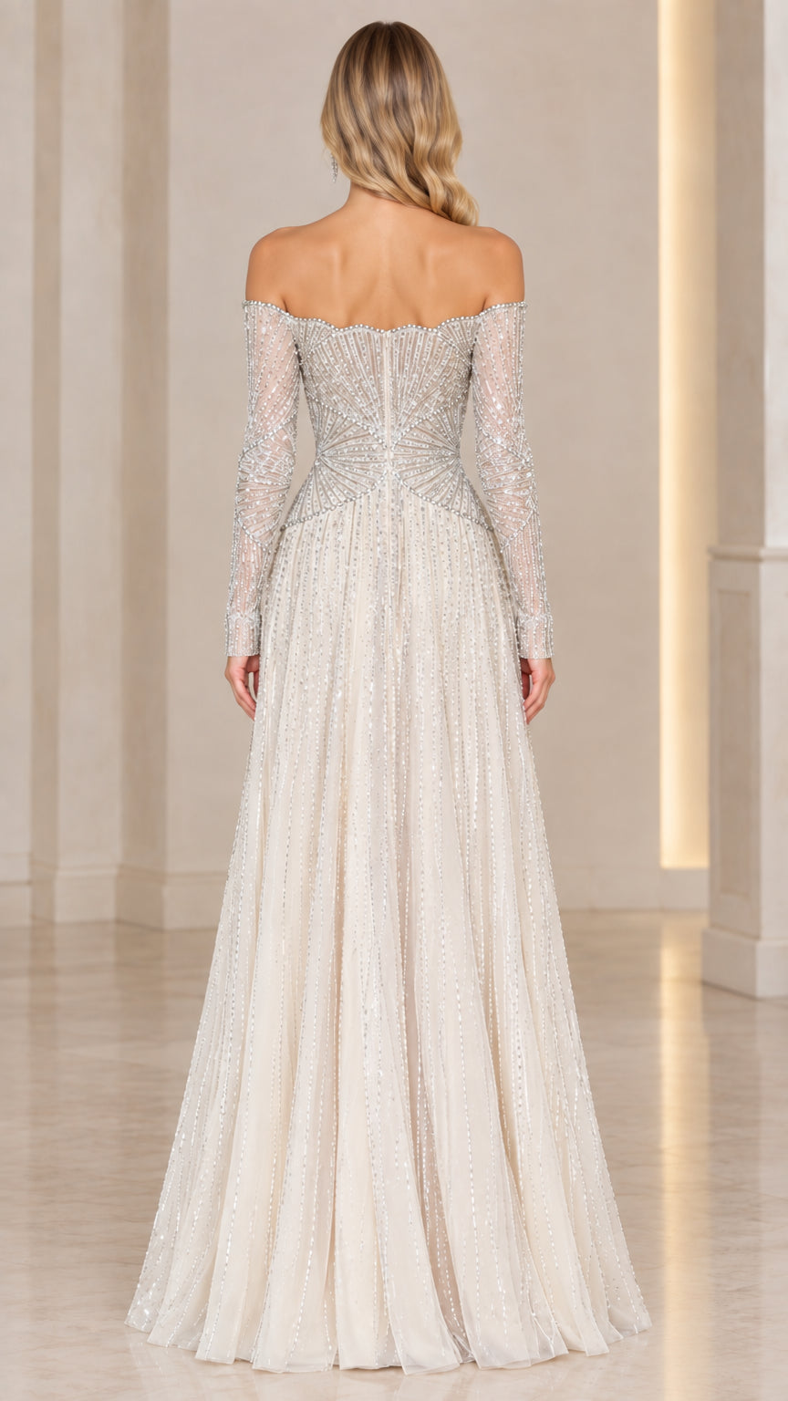 Back view of off-the-shoulder champagne evening dress showing back zipper