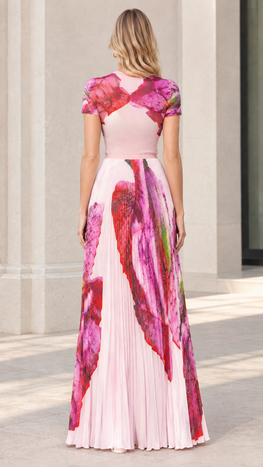 Back view of light pink short sleeve pleated evening maxi dress