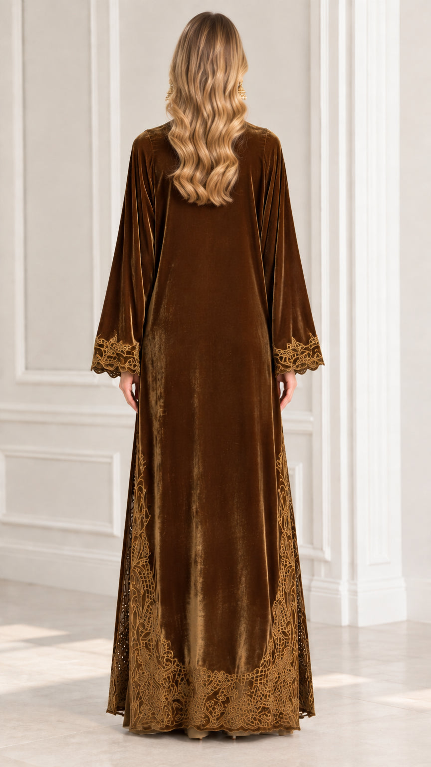 Back view of model wearing Bronze Brown floor-length velvet maxi dress