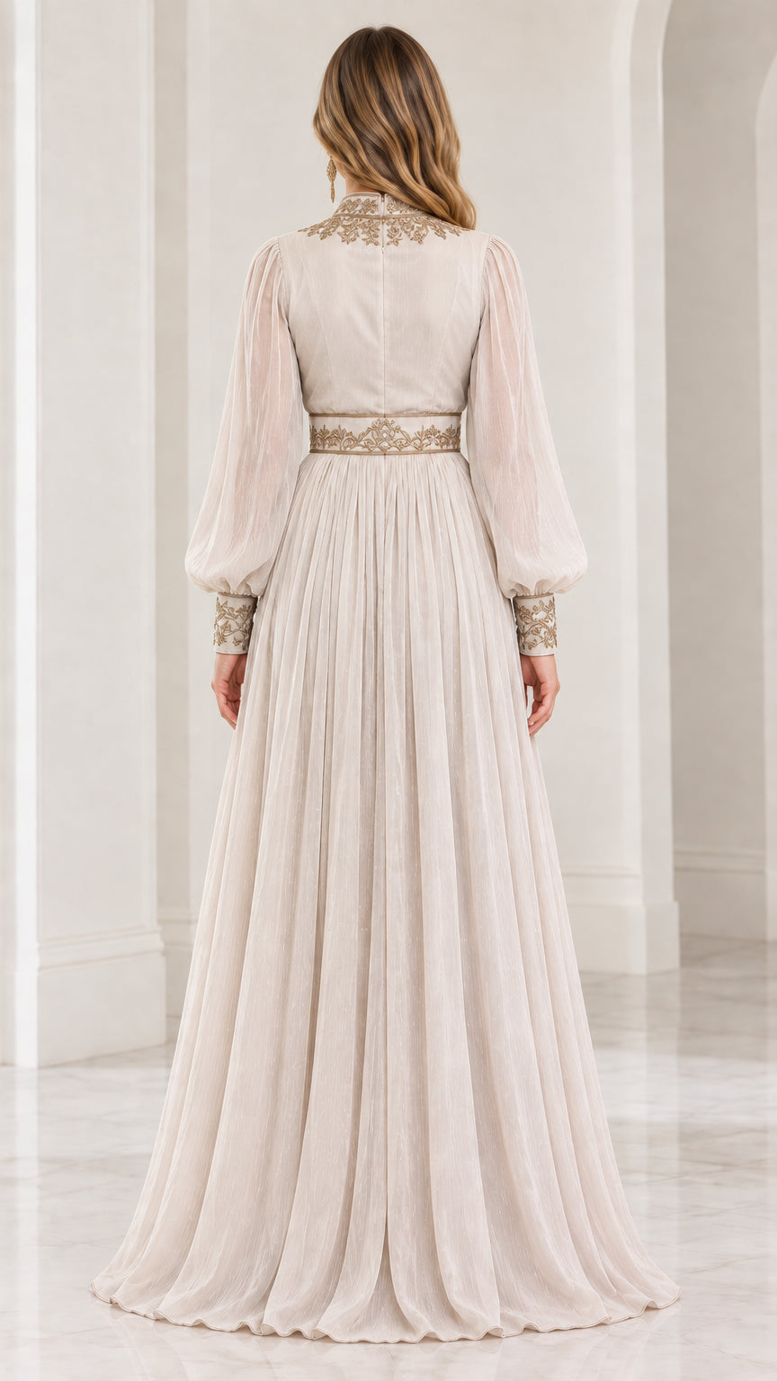 Back view of champagne pleated chiffon maxi dress with embroidered waist