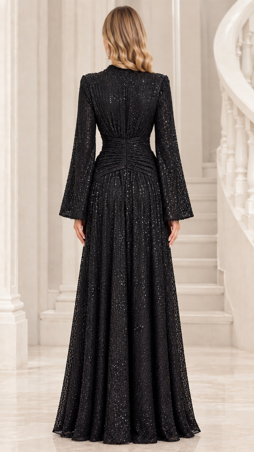 Back view of black sequin A-line evening gown