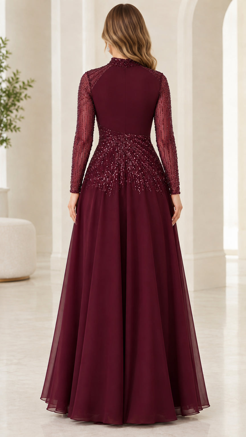 Back view of woman wearing burgundy cape sleeve formal floor length gown