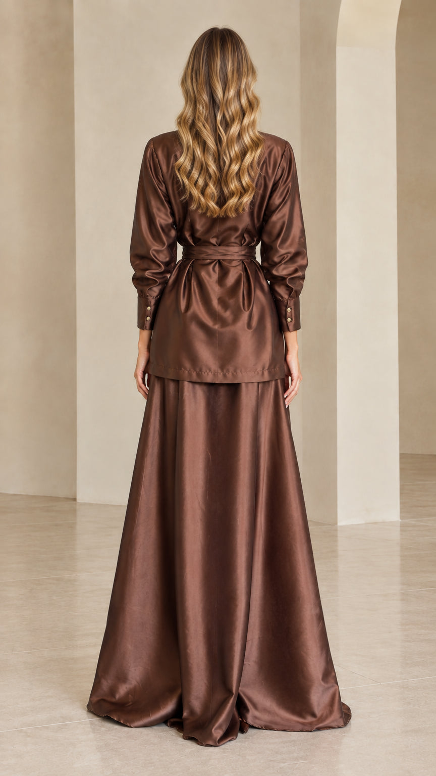Back view of chocolate brown satin blazer and floor-length skirt set