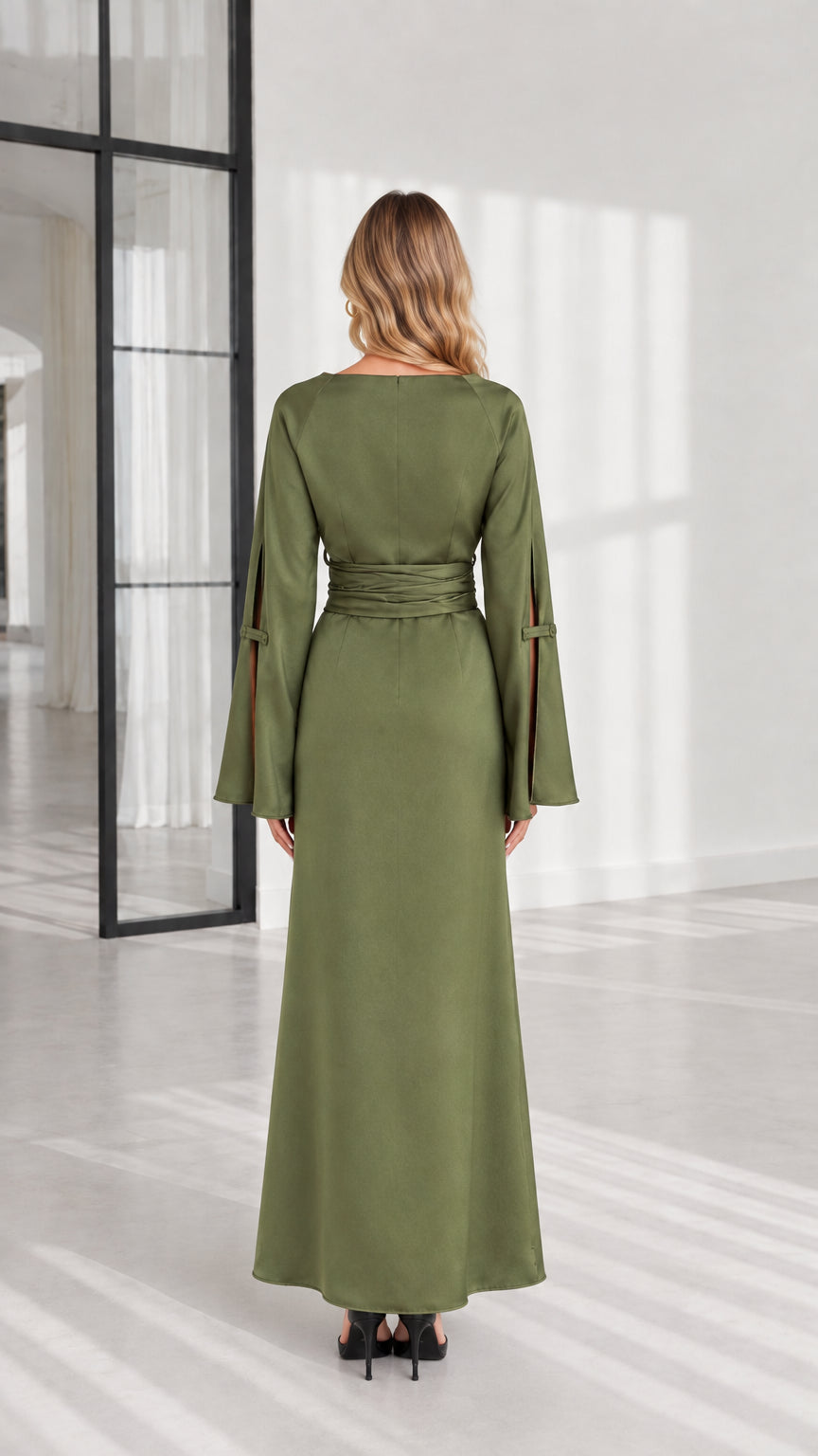 Back view of olive green floor-length evening gown