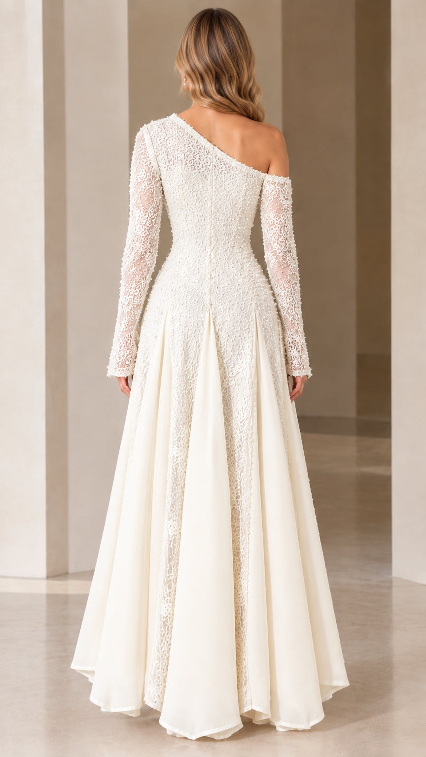 Back view of model in Ivory one-shoulder formal maxi gown