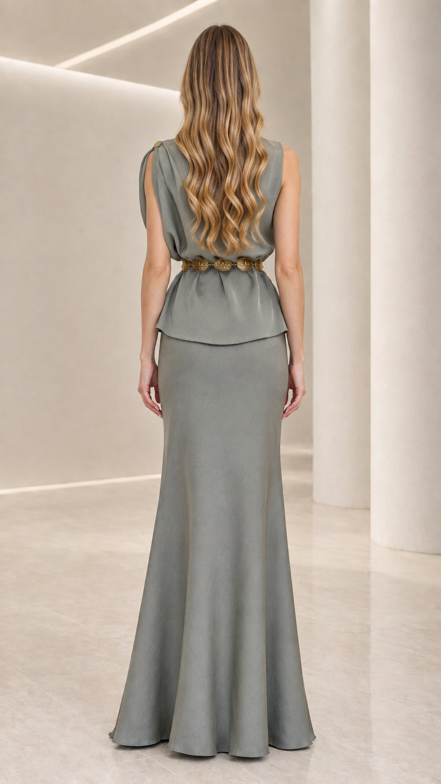 Sage green elegant formal gown back view