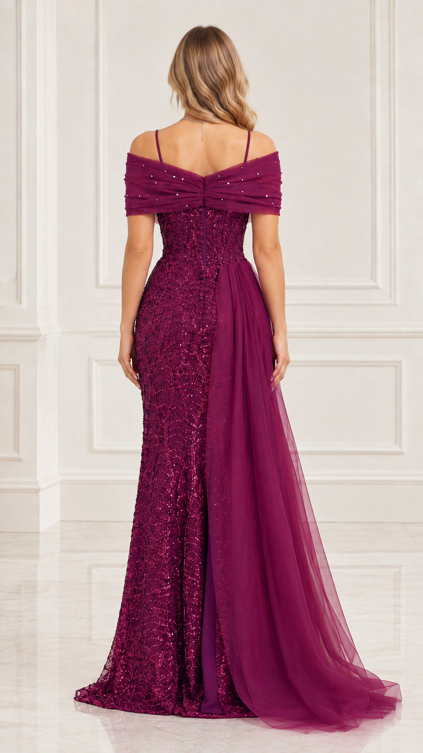 Back view of model in plum sequin gown showing back neckline and draping