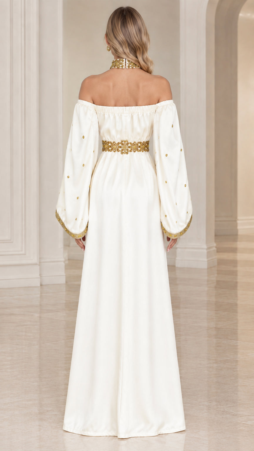 Back view of ivory satin off-the-shoulder evening maxi dress