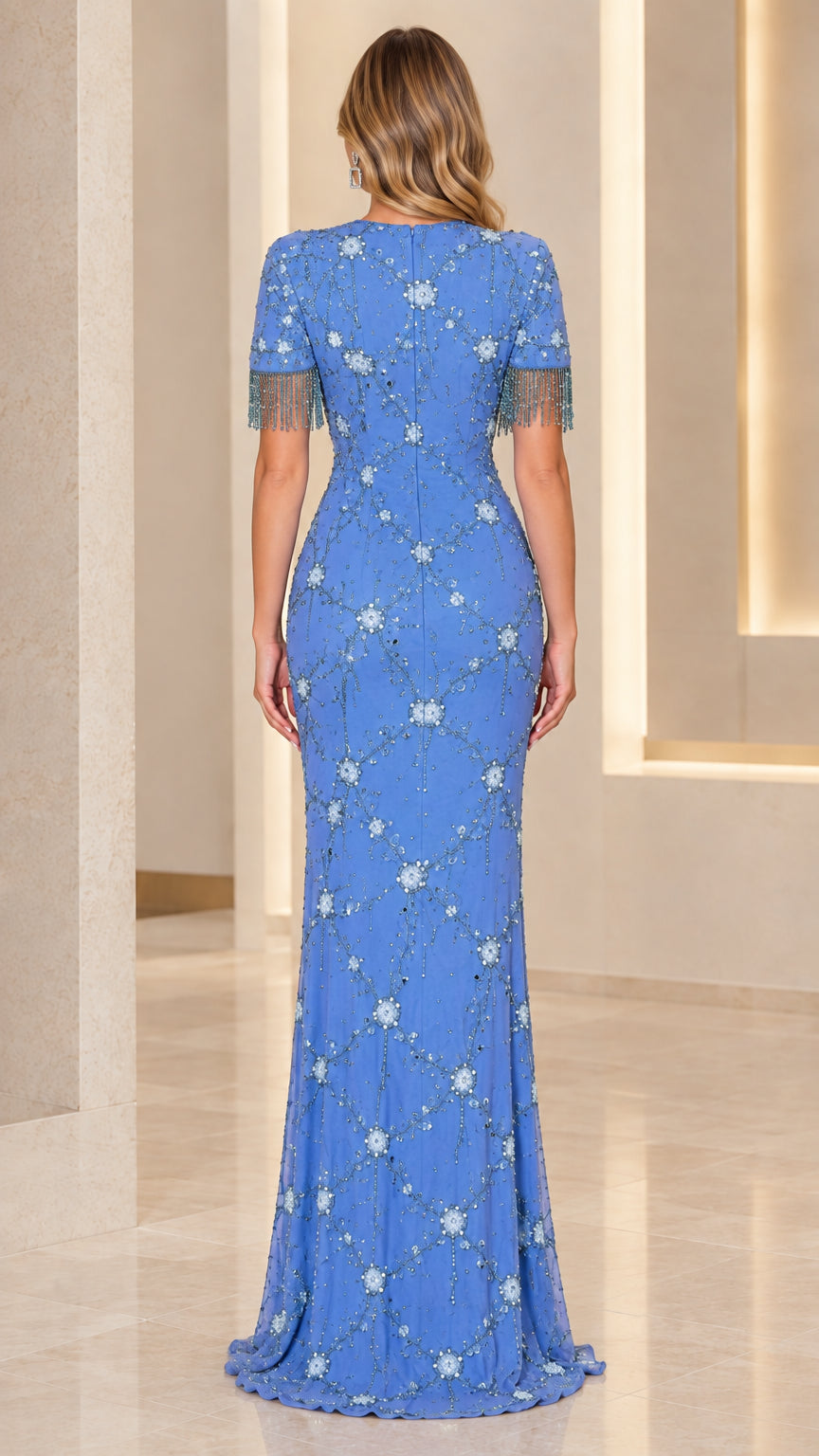 Back view of cornflower blue beaded maxi dress with short sleeves