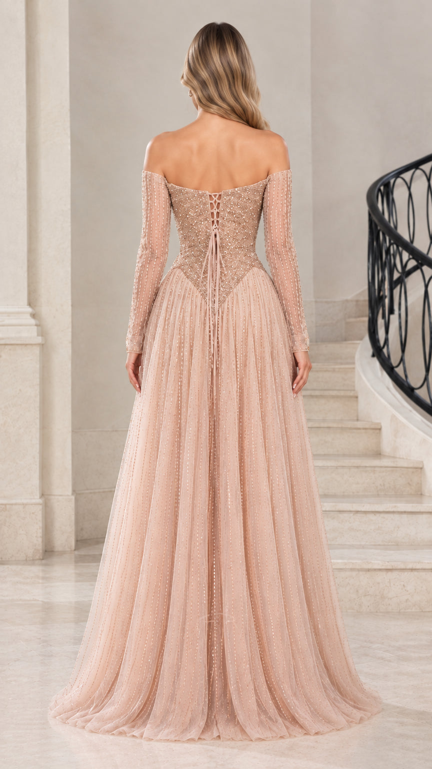 Back view of Champagne formal dress highlighting lace-up corset detail