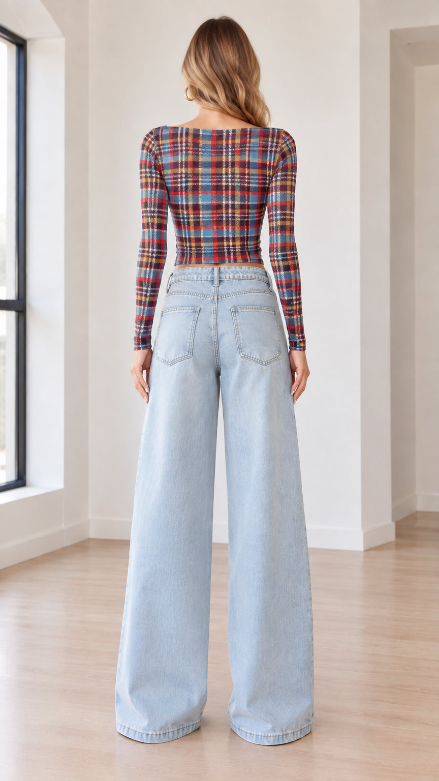 Back full-length view of Blue Plaid boatneck cropped top