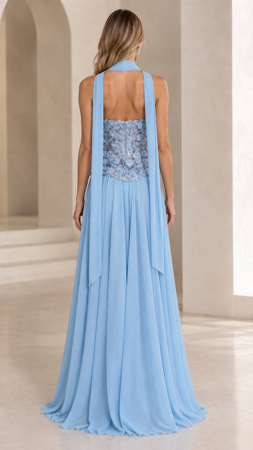 Back view of Sky Blue chiffon gown showing draped neck scarf and back design
