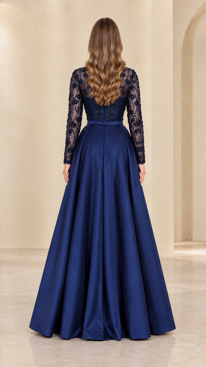 Back view of Navy Blue evening gown showcasing sweeping satin overskirt