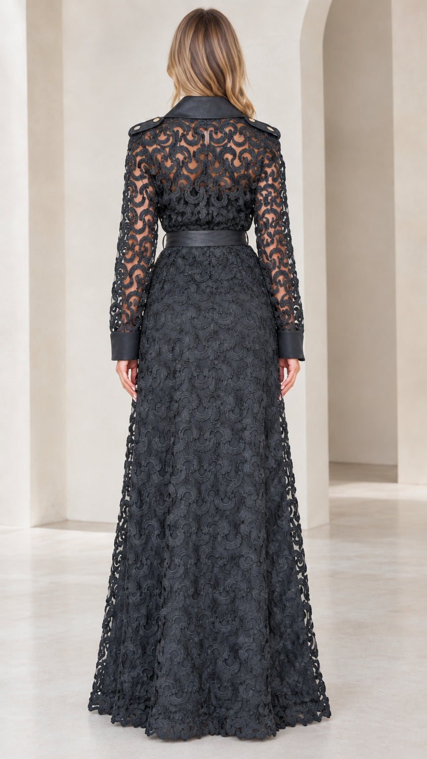Back view of model in elegant black lace maxi trench coat