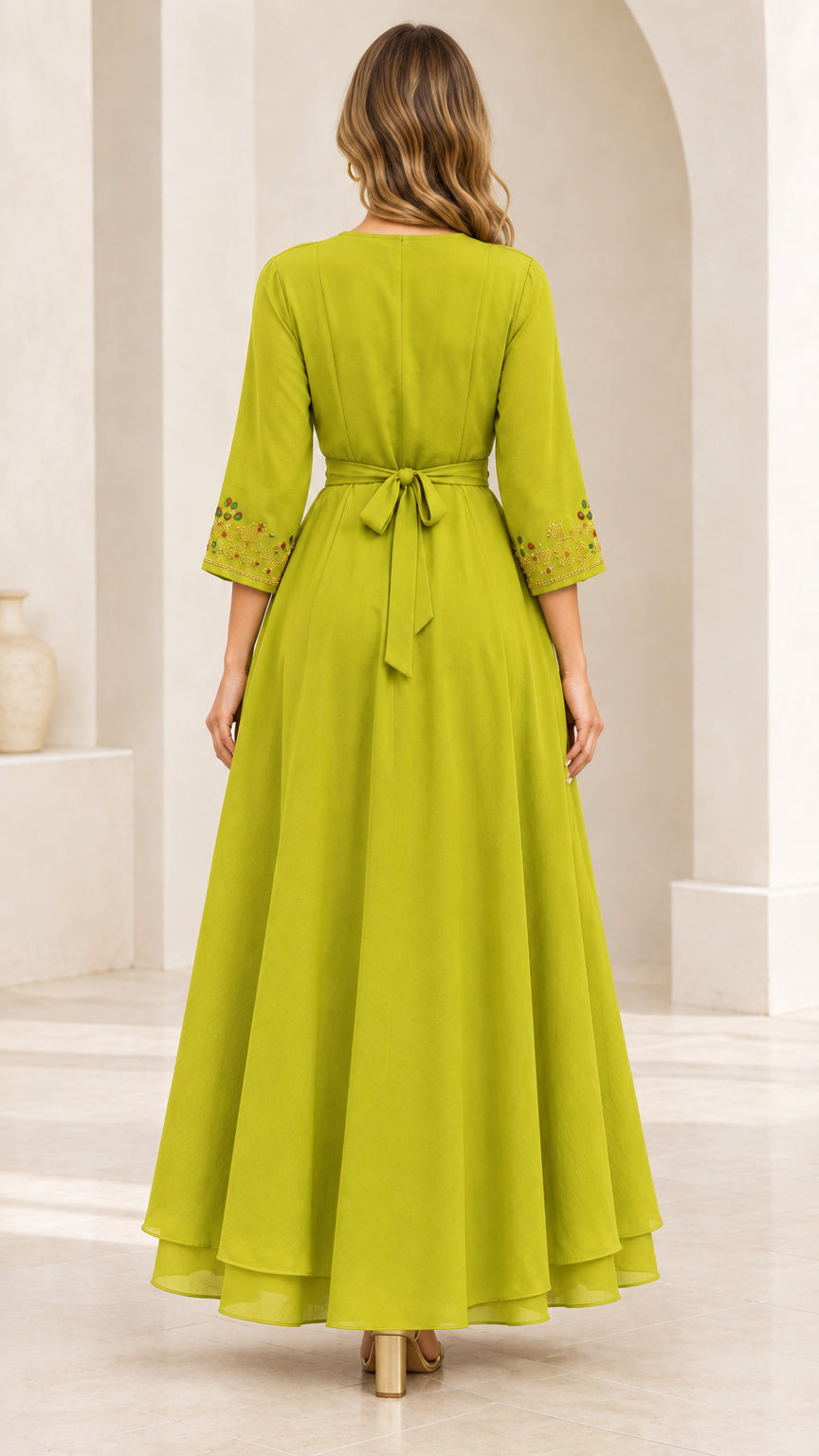 Back full-length view of Lime Green maxi dress showing tie-back waist sash