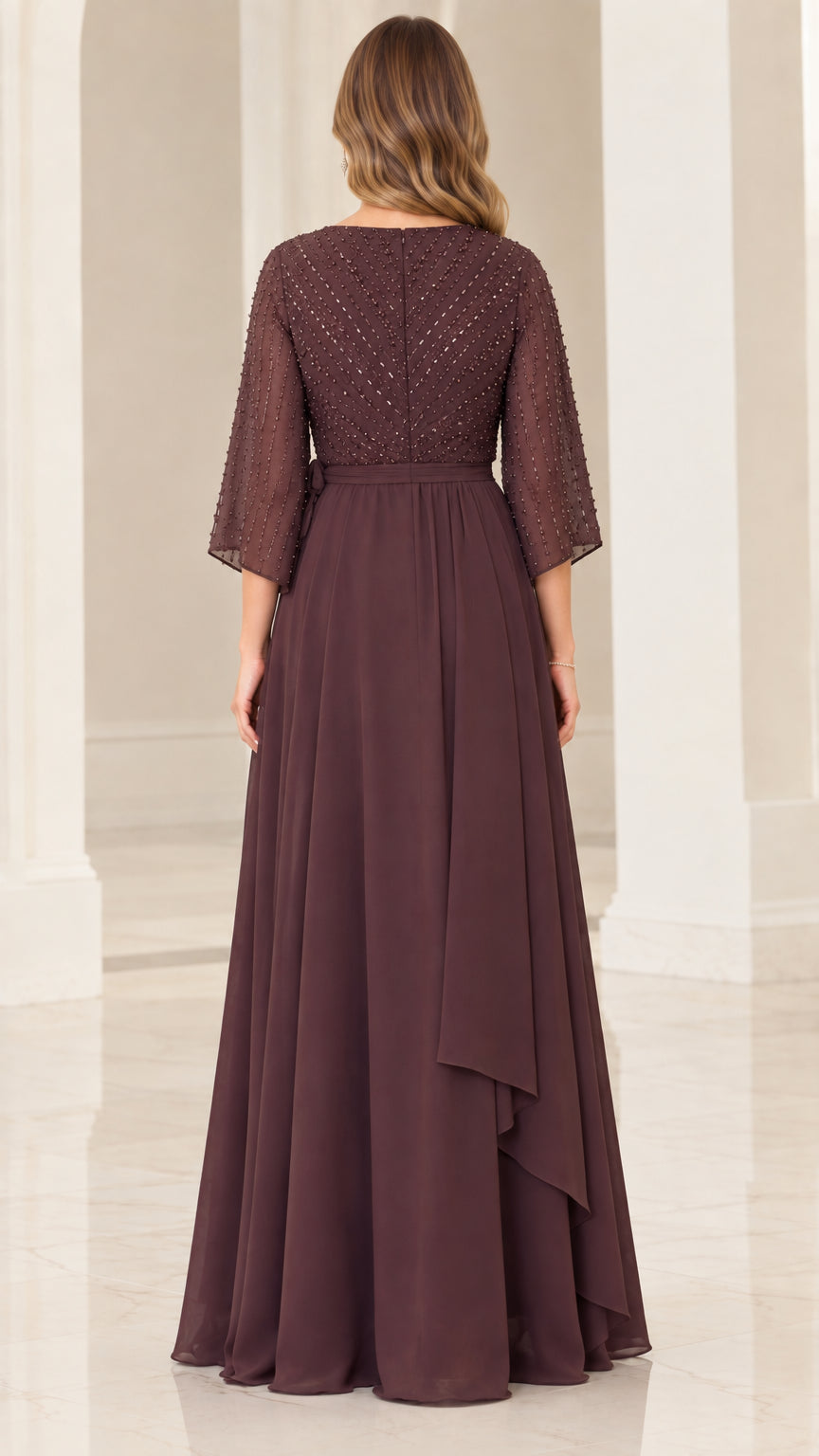 Back view of woman wearing Plum chiffon evening dress