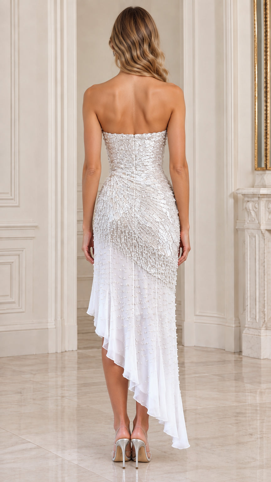 Back view of model in white strapless embellished formal dress
