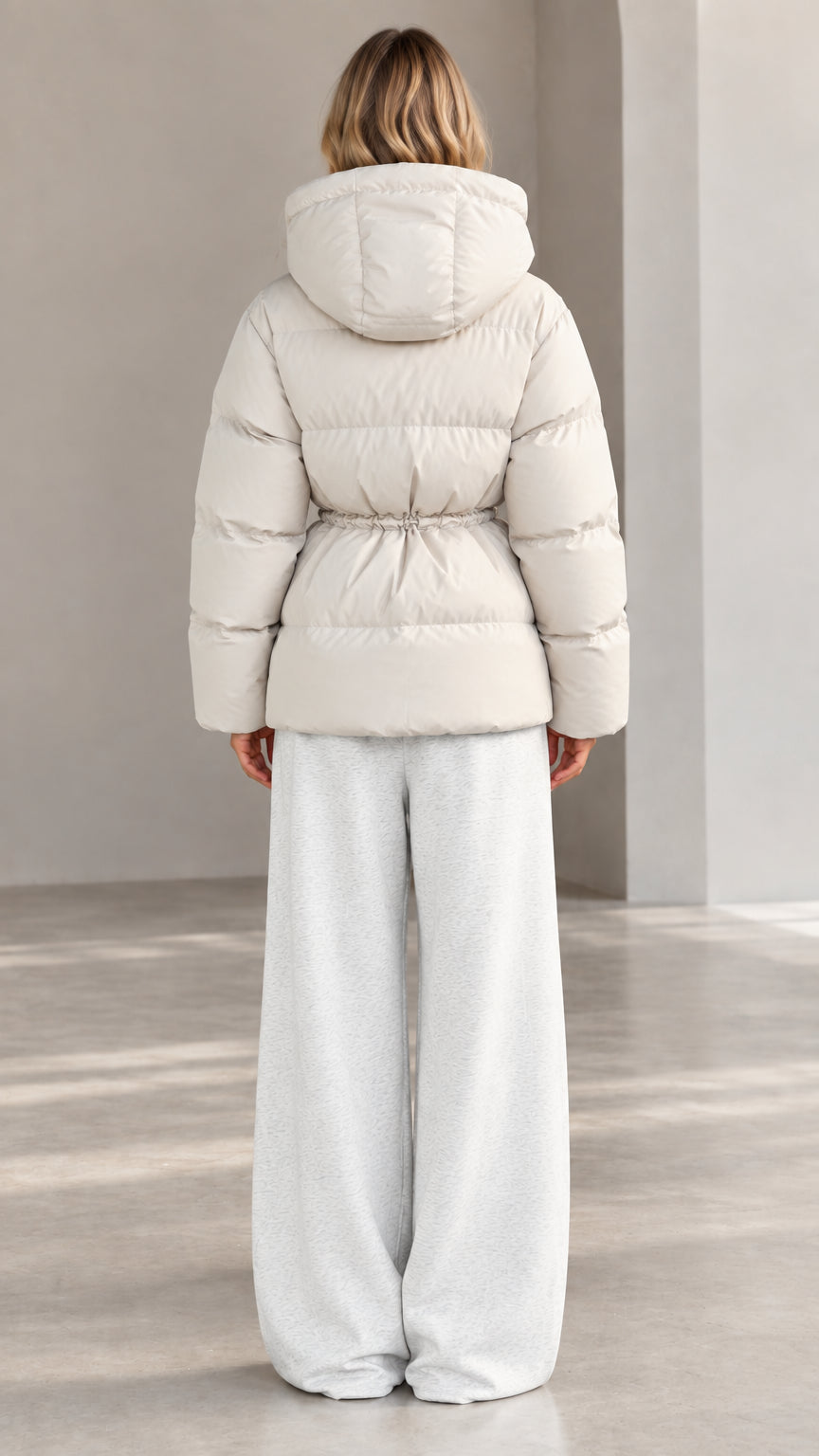 Back view of woman wearing off-white hooded puffer jacket with cinched waist