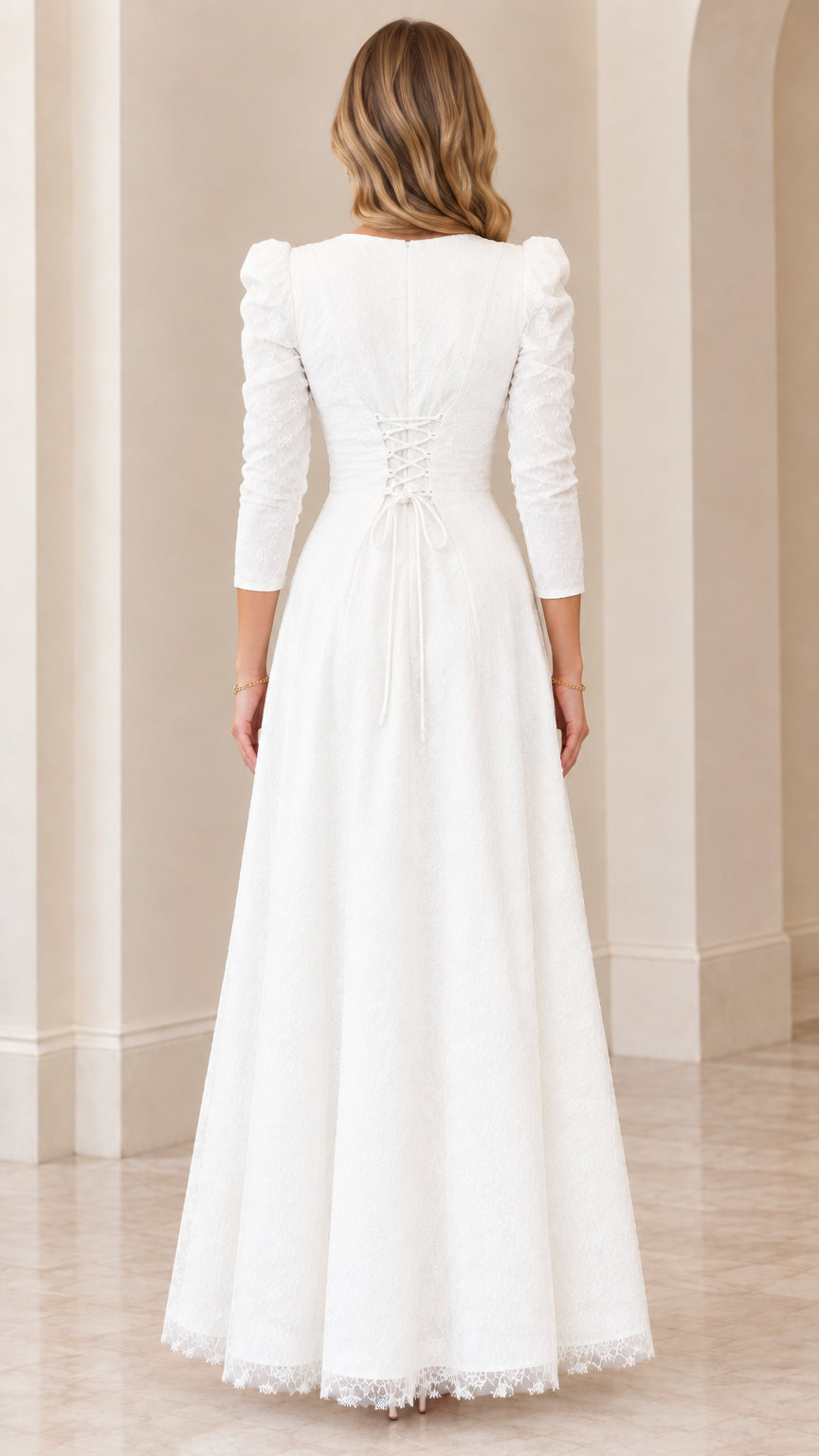 Back view of woman showing adjustable corset lace-up detail on white lace gown