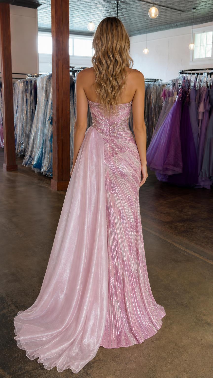 Pink formal dress back view with sweeping train