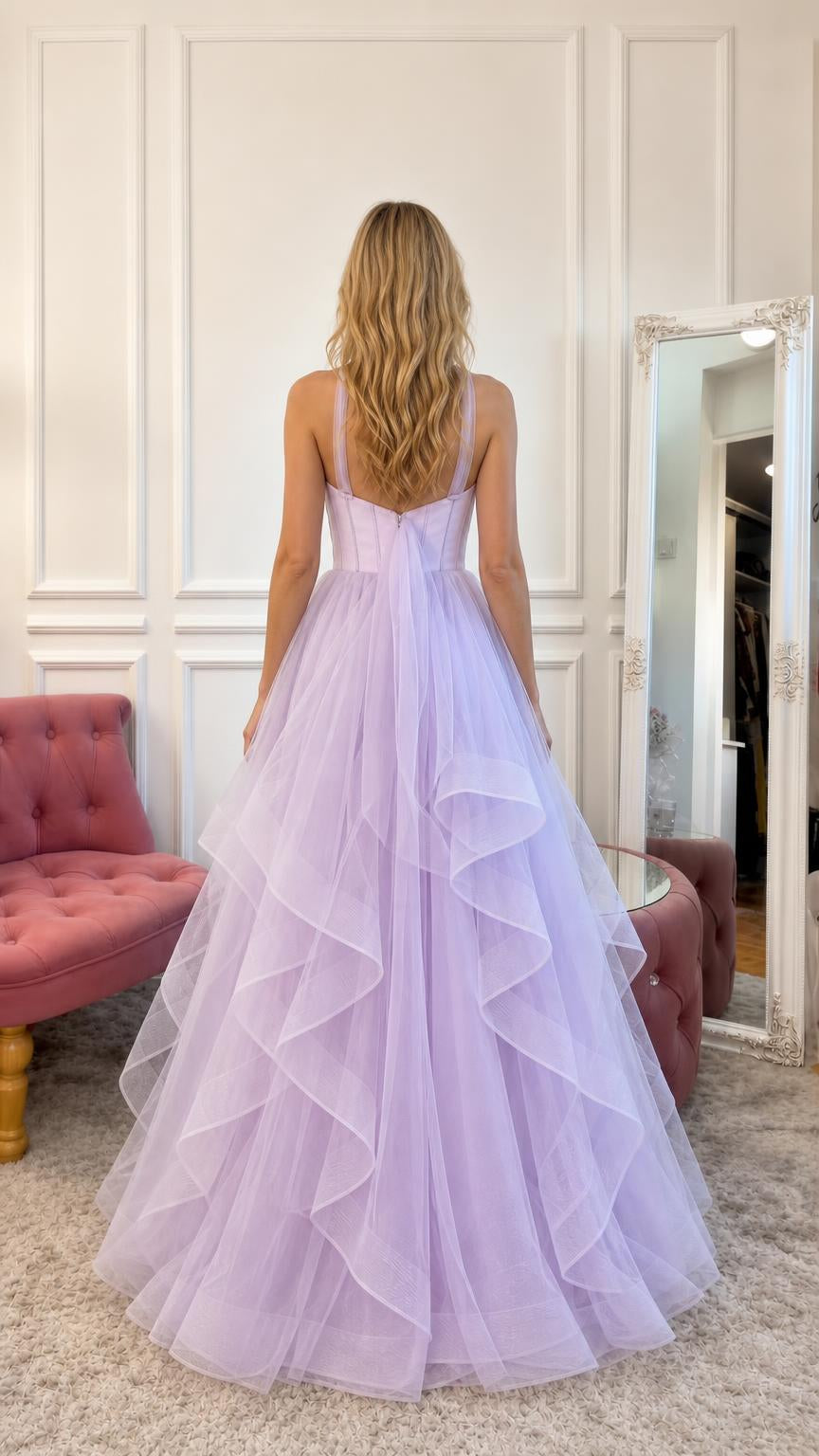 Back view of the lavender evening dress with ruffled skirt
