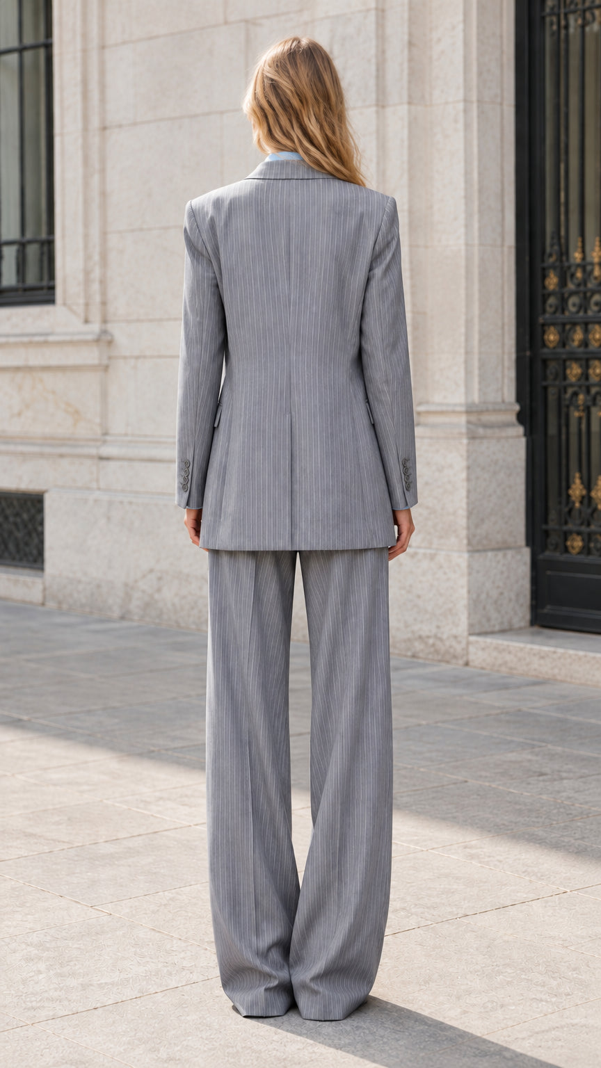 Back view of woman wearing grey pinstripe blazer and matching trousers