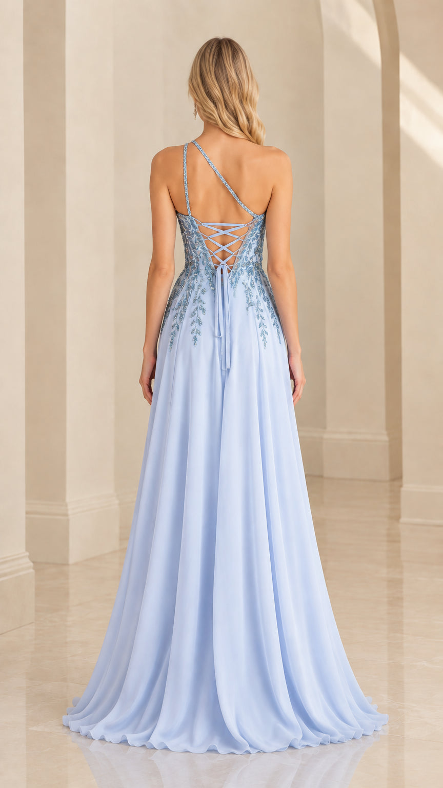 Sky blue formal gown back view showing lace-up corset detail