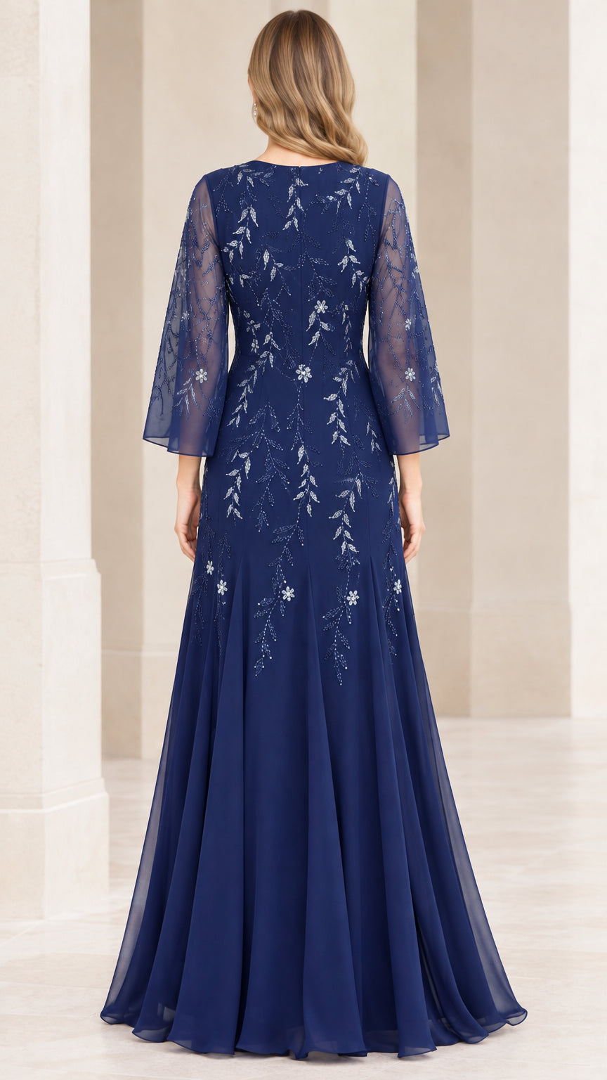 Back view of navy blue maxi formal dress showing concealed zip and A-line silhouette
