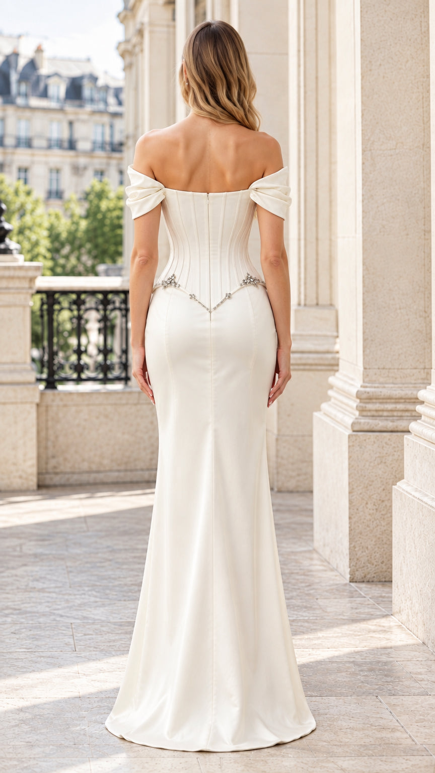 Back view of model in ivory off-the-shoulder satin evening gown