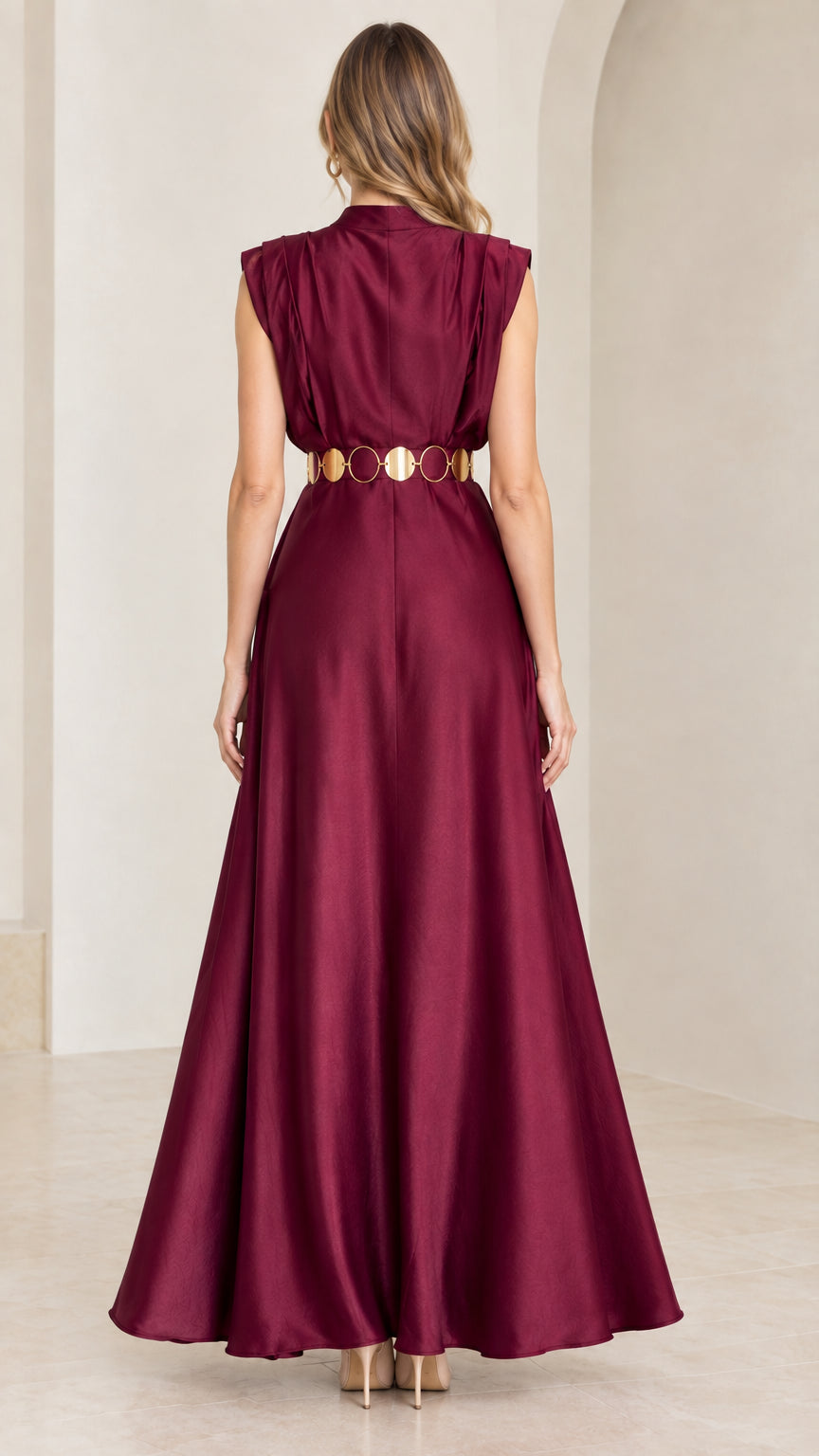 Back view of model in burgundy mock neck satin evening gown