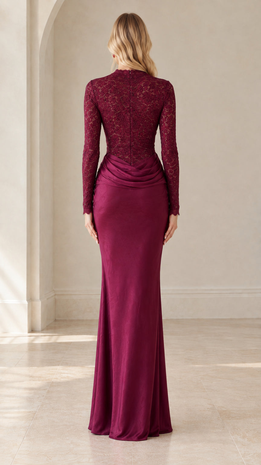 Back view of burgundy mock neck lace bodice maxi dress